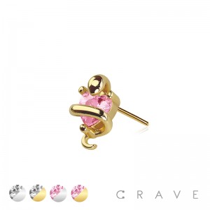 316L SURGICAL STEEL THREADLESS PUSH IN CZ HEART SNAKE COBRA TOP PART (ONLY)